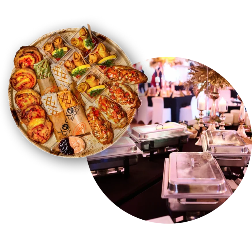 Patera przekąsek i podgrzewacze na realizacji cateringu w Bydgoszczy